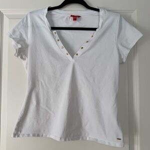 Guess White Short Sleeve V-Neck Top with Gold Studs